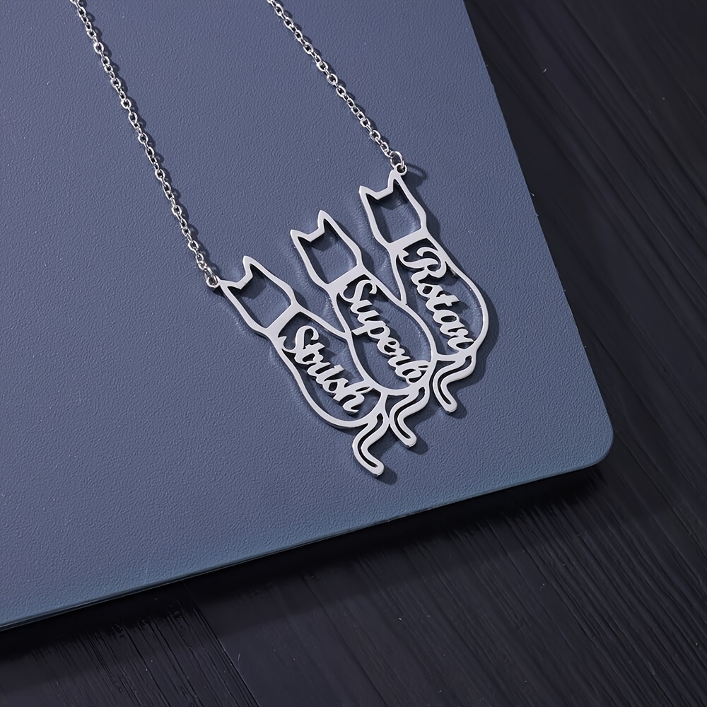 Custom Hollow Cat Silhouette Stainless Steel Necklace With English Names